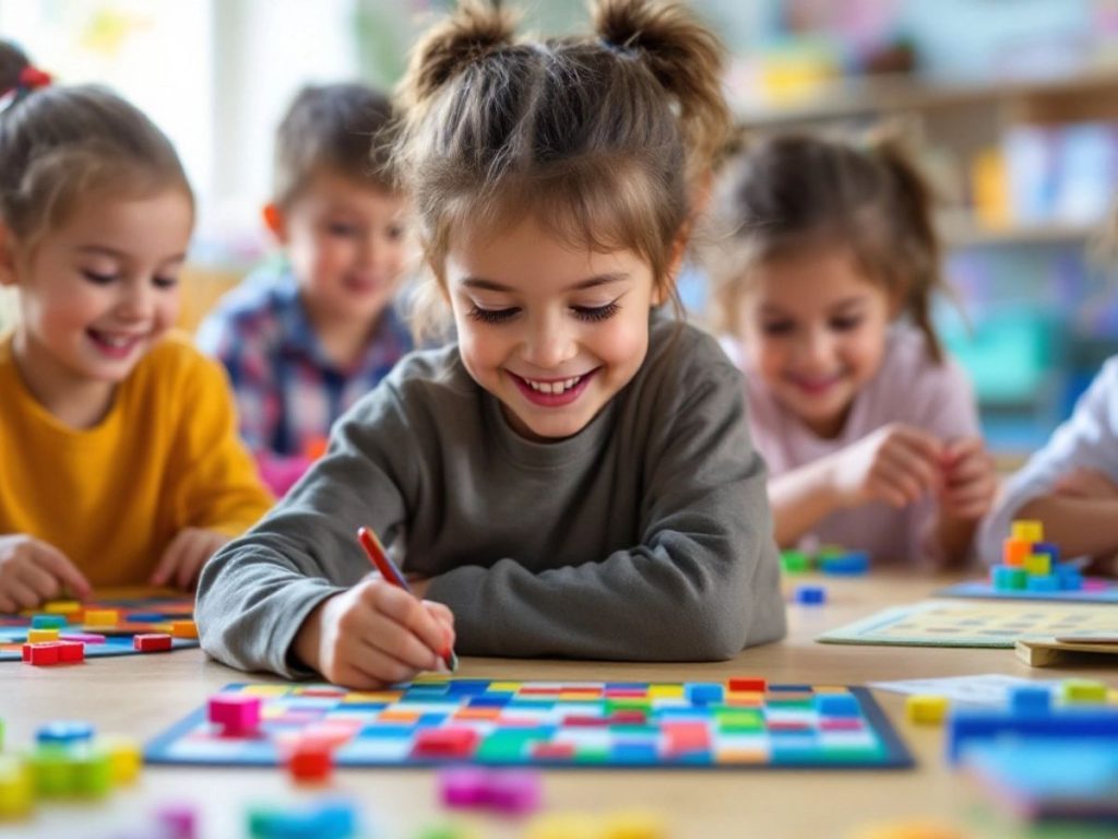 Copii jucându-se jocuri logice în clasă.