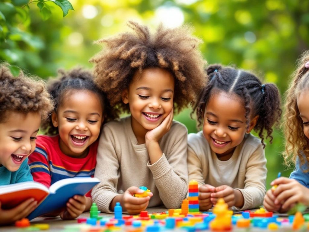 Copii citind și explorând activități intelectuale.