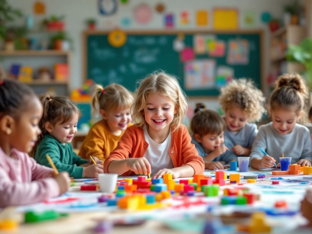 Copii creativi în clasă, implicându-se în activități educative.