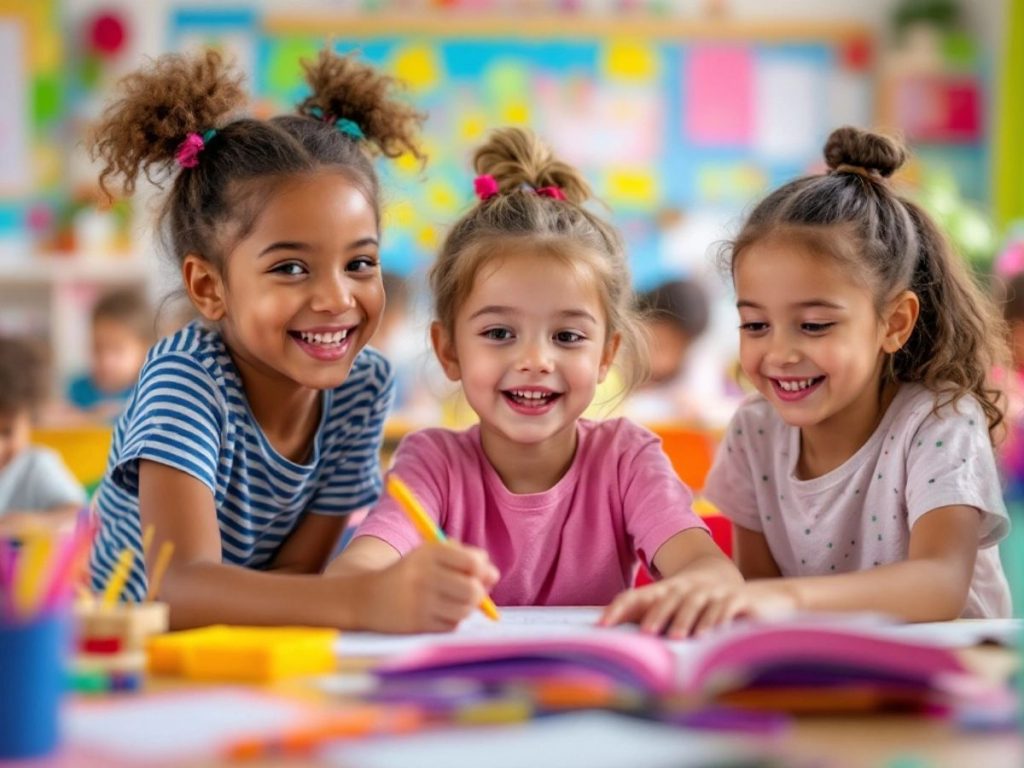 Copii învățând într-o clasă vibrantă și interactivă.