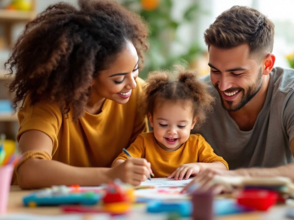 Părinte și copil explorând activități creative împreună.