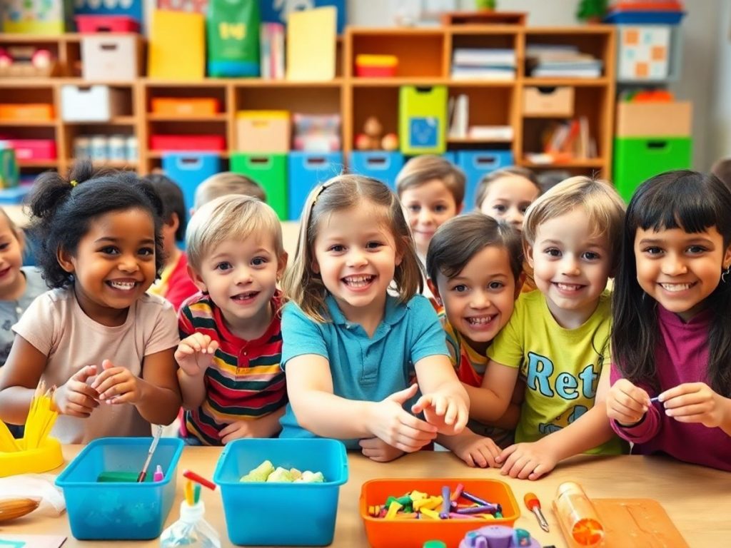 Copii învățând cu entuziasm în clasă creativă.