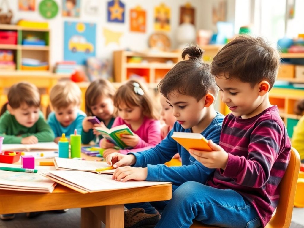 Copii fericiți în clasă, explorând jucării educaționale.