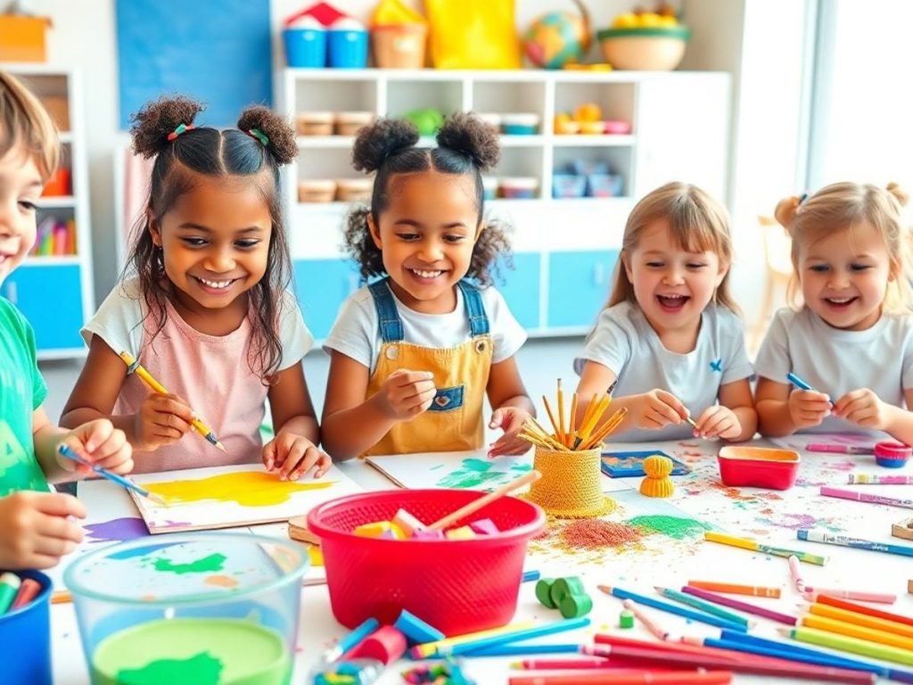 Copii jucându-se și creând cu materiale colorate.