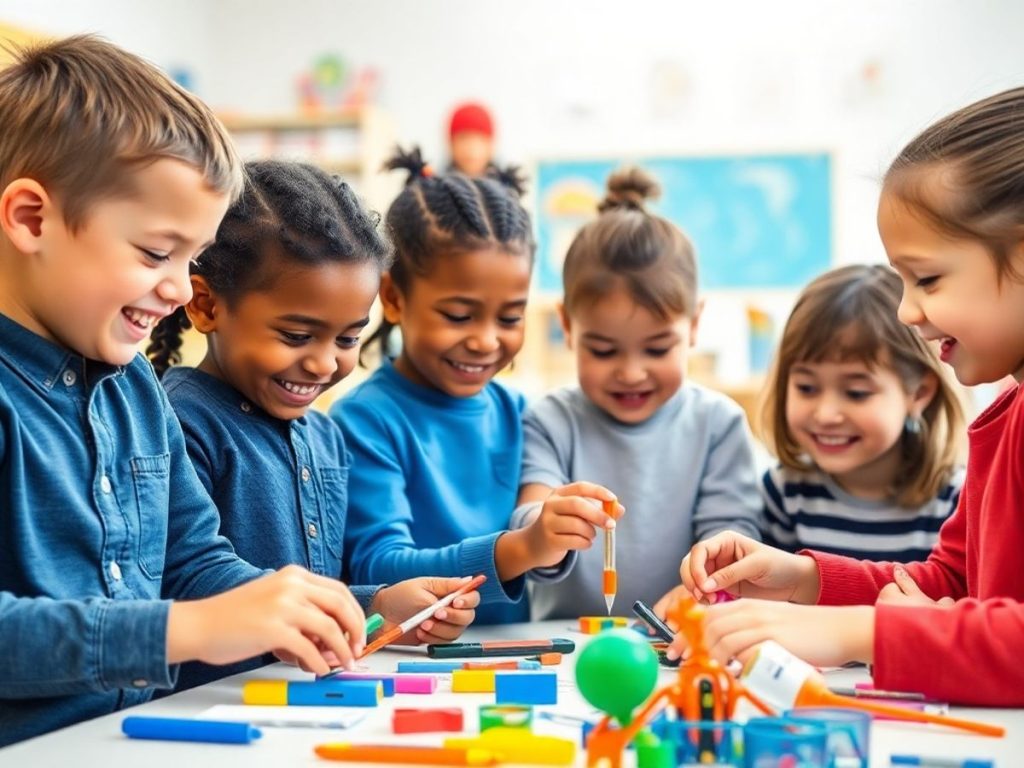 Grup de copii învățând creativ, zâmbind și interacționând.