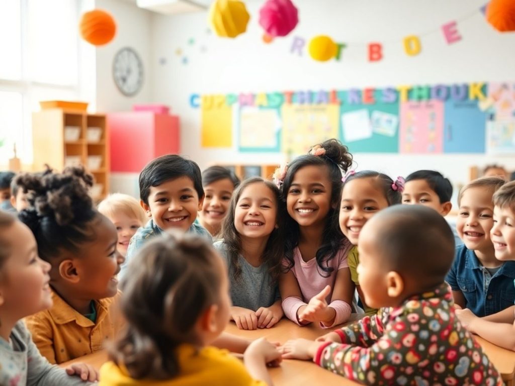 Sala de clasă plină de copii fericiți și implicați.