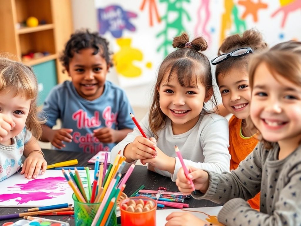 Copii implicați în activități creative cu materiale colorate.