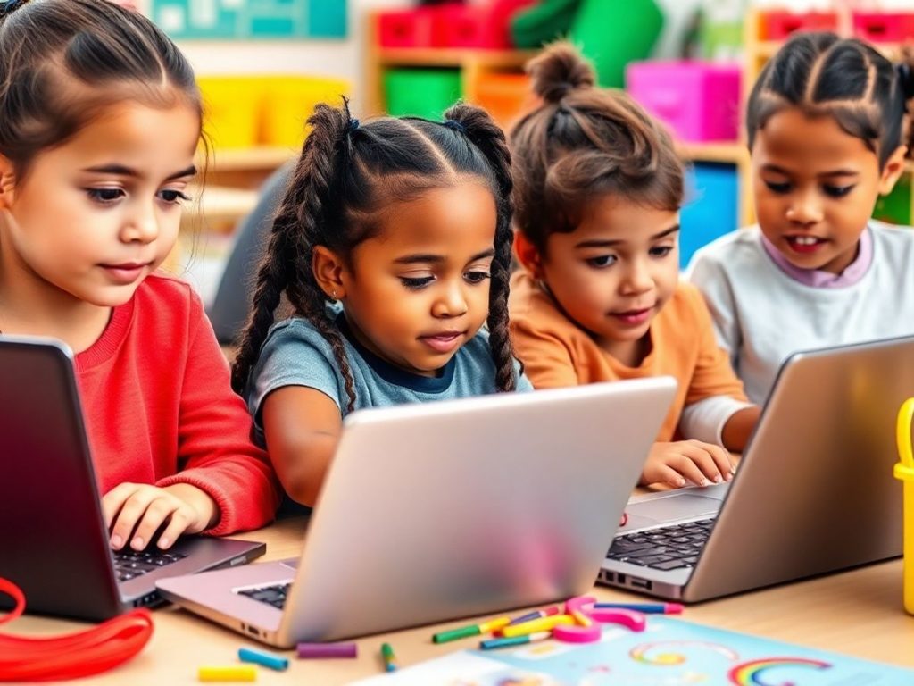 Copii învățând online cu laptopuri și tablete.