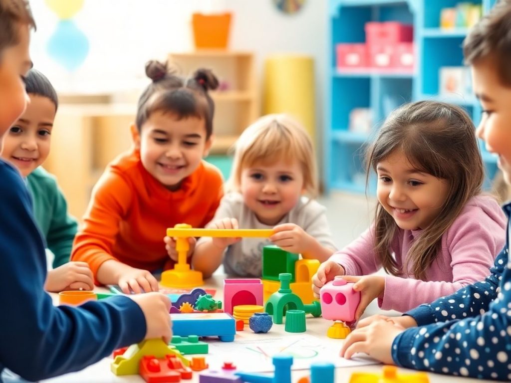 Copii jucându-se cu jucării educative colorate.