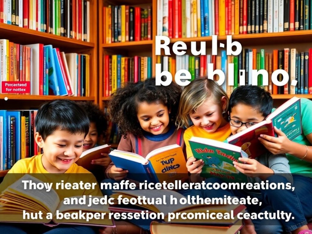 Copii citind cărți într-un mediu confortabil și vesel.