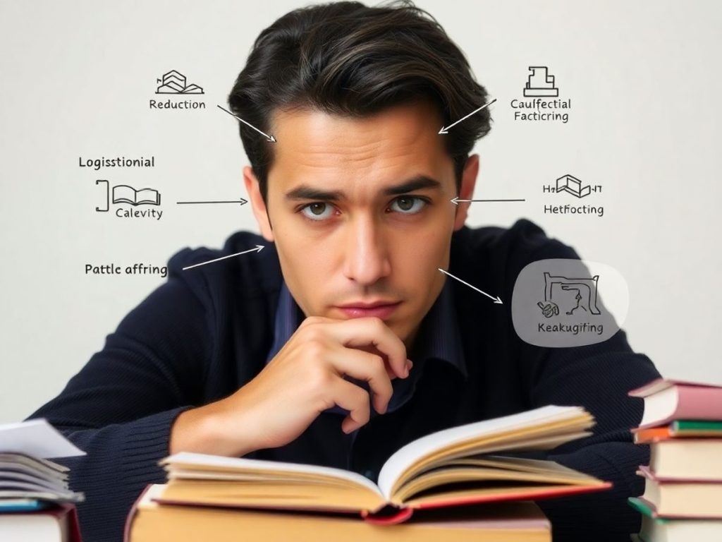 Persoană gândind, înconjurată de cărți și note.