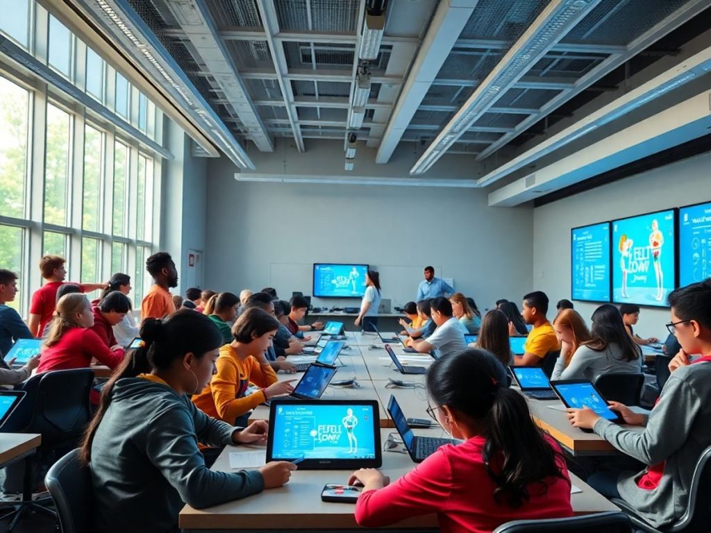 Clasă modernă cu elevi și tehnologie avansată.