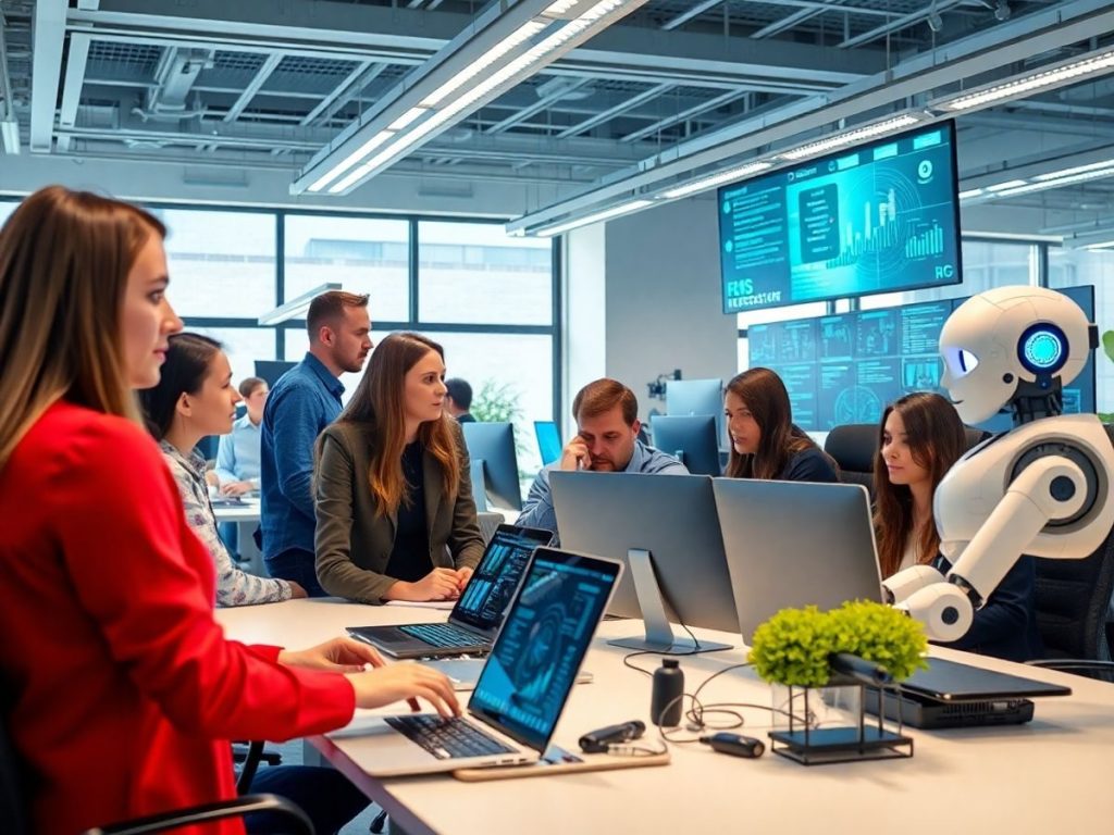 Colaborare între profesioniști și tehnologie AI în birou.