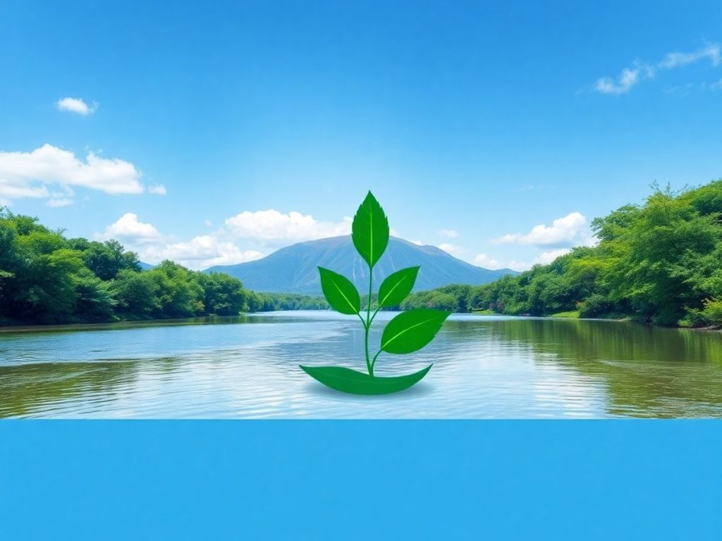 Peisaj liniștit cu apă, vegetație și cer senin.