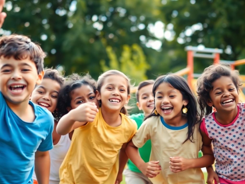 Copii zâmbitori jucându-se veseli într-un parc însorit
