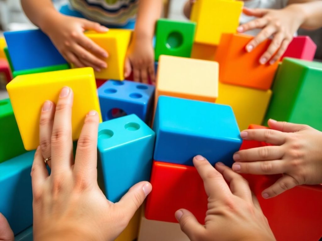 Copii jucându-se cu blocuri colorate