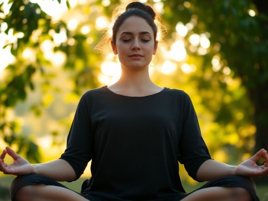 Persoană liniștită meditând în natură, la răsărit