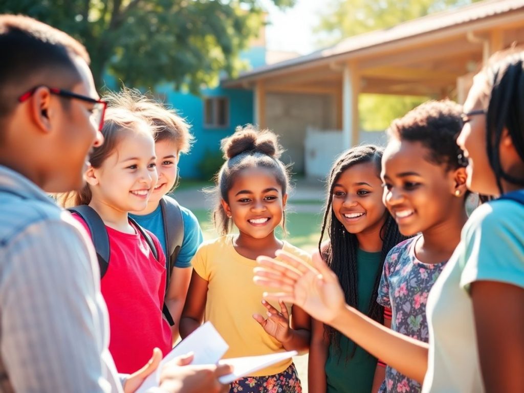 Elevi zâmbitori înconjurând un profesor în aer liber.