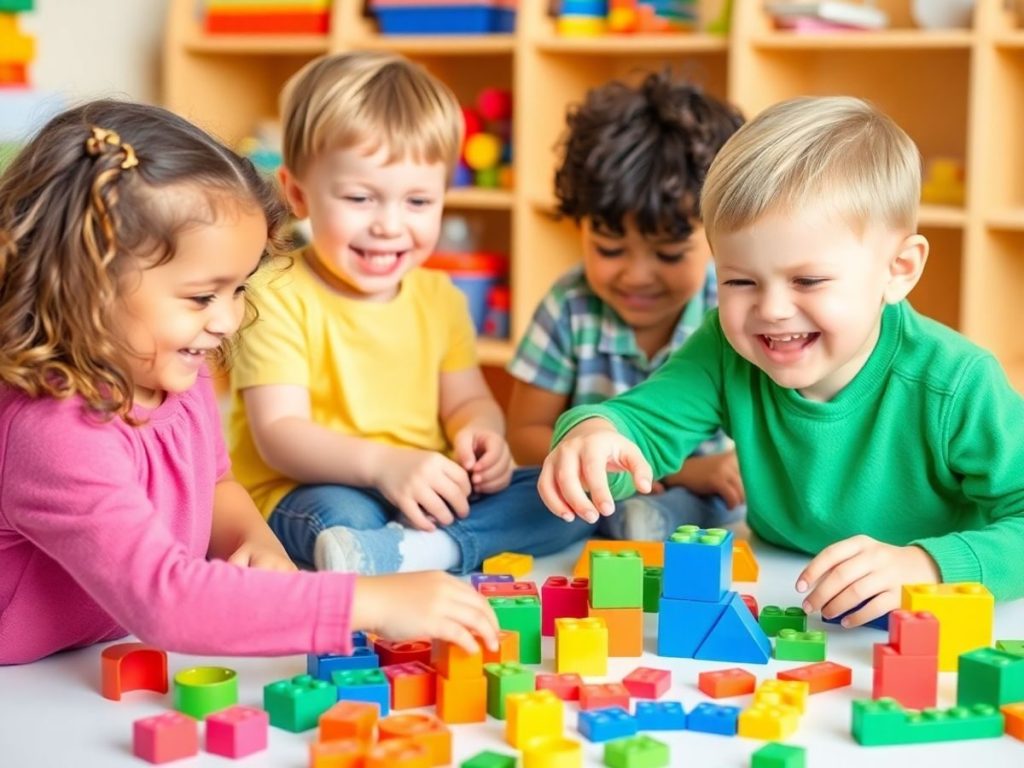 Copii jucându-se cu cuburi colorate.