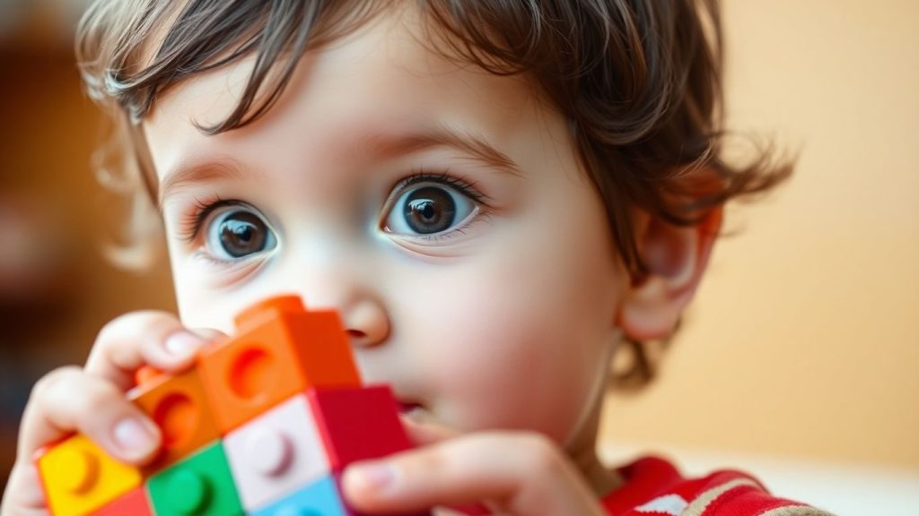 Copil inteligent jucându-se cu cuburi colorate.