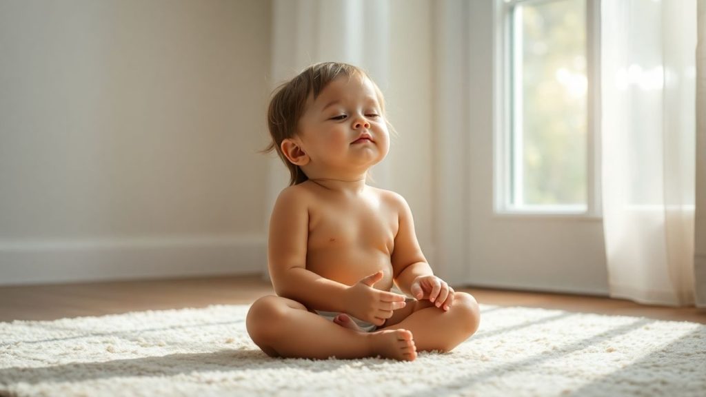 Copil meditează liniștit într-o cameră luminoasă.
