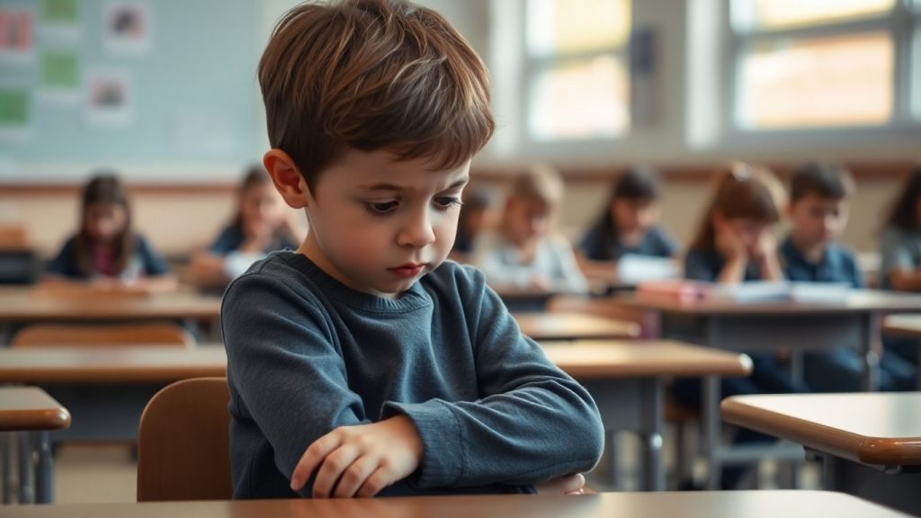 Copil îngrijorat la bancă în sala de clasă.